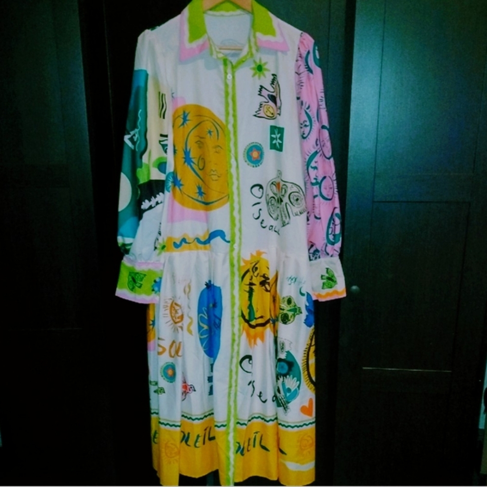 "Soleil" Colorful Graphic Long Sleeve Dress - XL